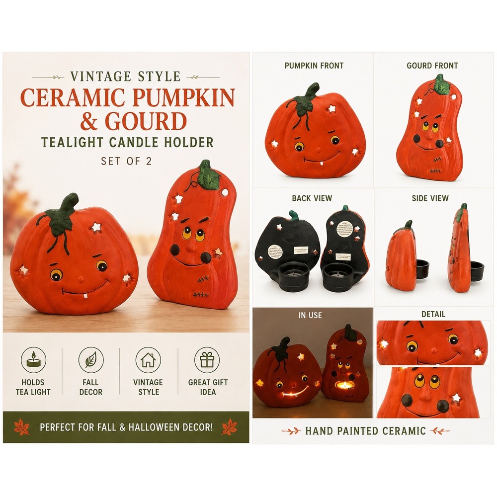 Vintage Style Ceramic Pumpkin Gourd Tea Light Candle Holder Set of 2 Orange